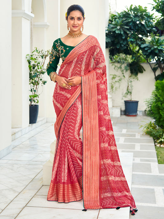 Women's Chiffon Red Embellished Designer Saree With Blouse Piece