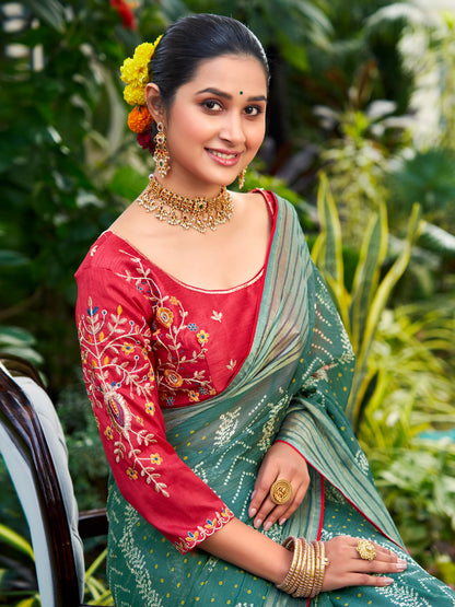 Women's Chiffon Blue Embellished Designer Saree With Blouse Piece