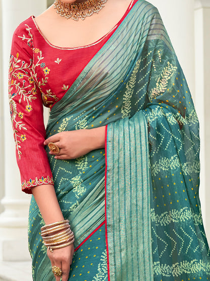 Women's Chiffon Blue Embellished Designer Saree With Blouse Piece