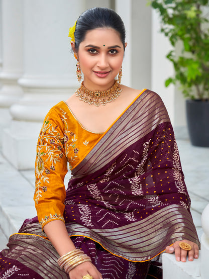 Women's Chiffon Purple Embellished Designer Saree With Blouse Piece