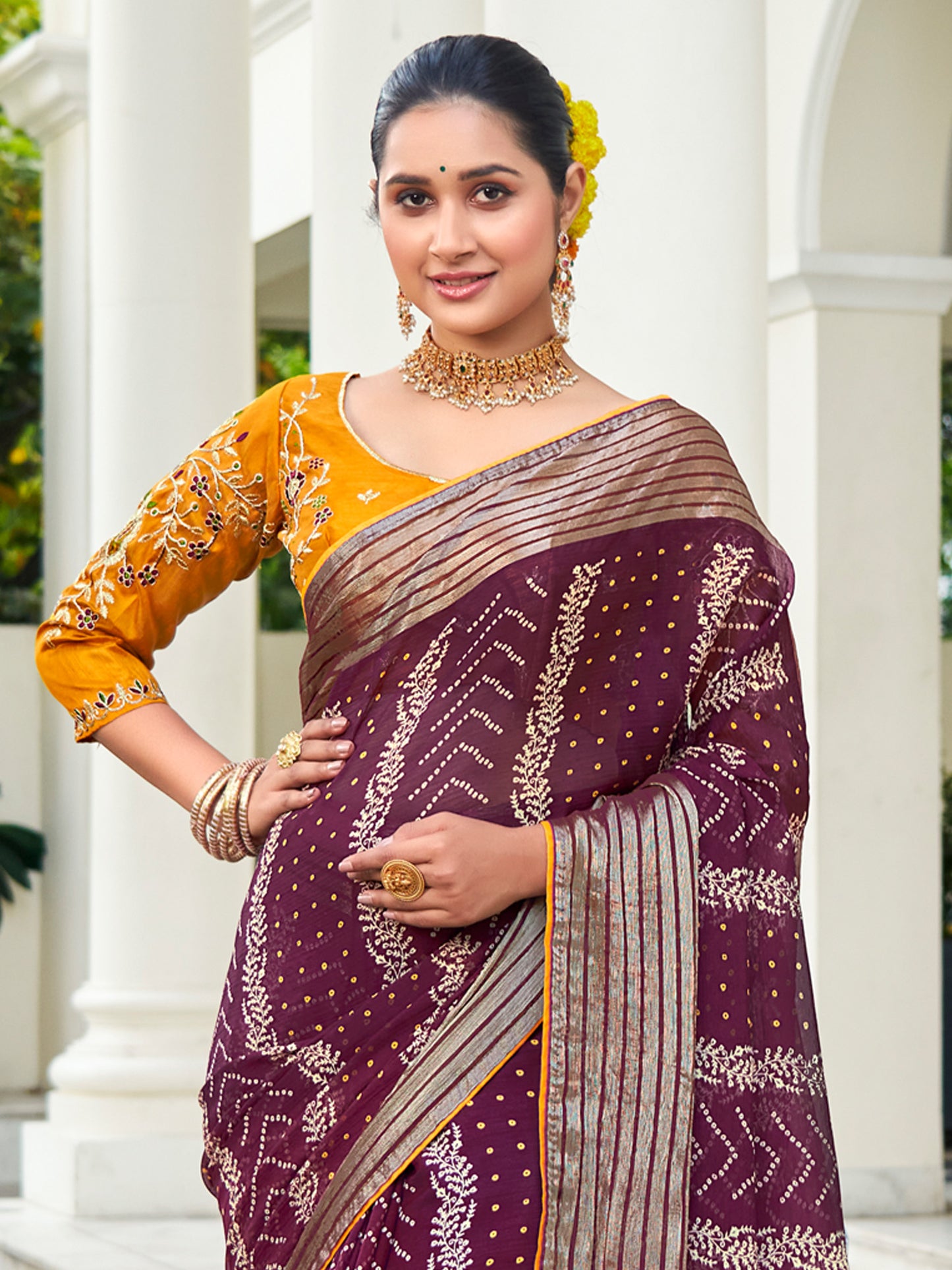 Women's Chiffon Purple Embellished Designer Saree With Blouse Piece