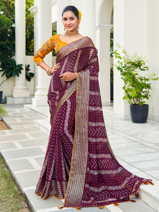 Women's Chiffon Purple Embellished Designer Saree With Blouse Piece