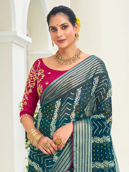 Women's Chiffon Teal blue Embellished Designer Saree With Blouse Piece
