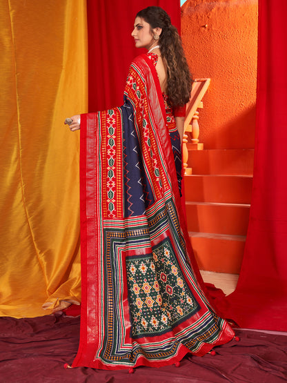 Women's Tussar Silk Red Printed Designer Saree With Blouse Piece