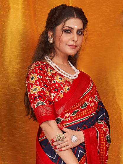 Women's Tussar Silk Red Printed Designer Saree With Blouse Piece