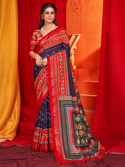 Women's Tussar Silk Red Printed Designer Saree With Blouse Piece