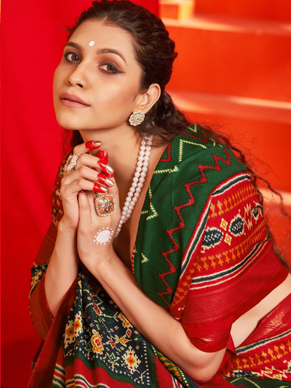 Women's Tussar Silk Red Printed Designer Saree With Blouse Piece