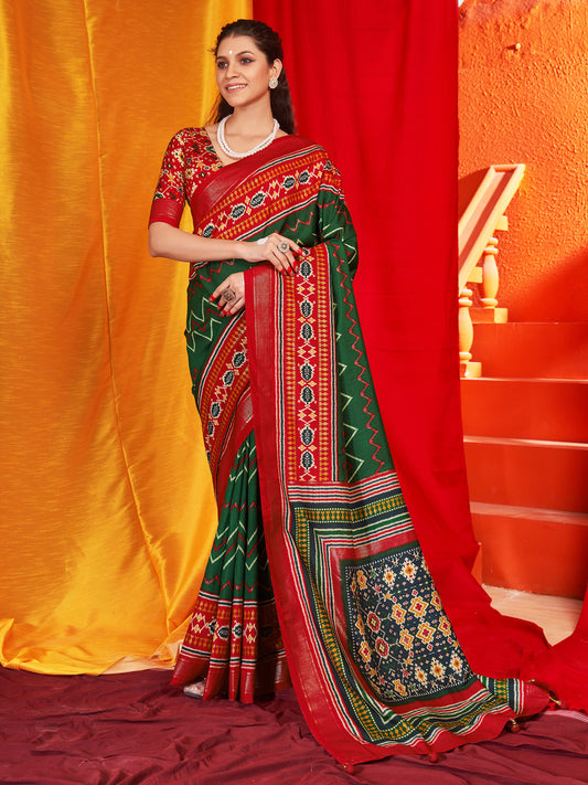 Women's Tussar Silk Red Printed Designer Saree With Blouse Piece