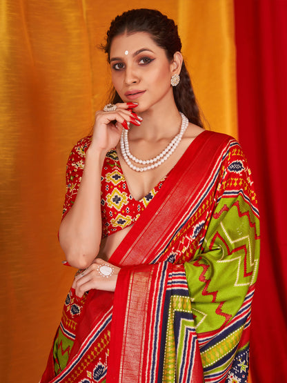Women's Tussar Silk Red Printed Designer Saree With Blouse Piece