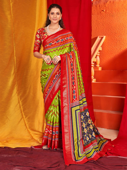 Women's Tussar Silk Red Printed Designer Saree With Blouse Piece