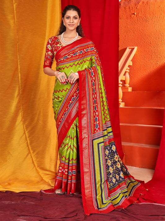 Women's Tussar Silk Red Printed Designer Saree With Blouse Piece
