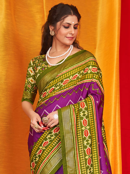 Women's Tussar Silk Olive Printed Designer Saree With Blouse Piece