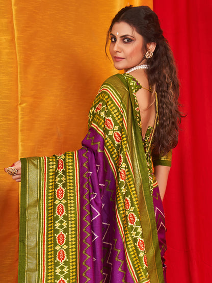 Women's Tussar Silk Olive Printed Designer Saree With Blouse Piece