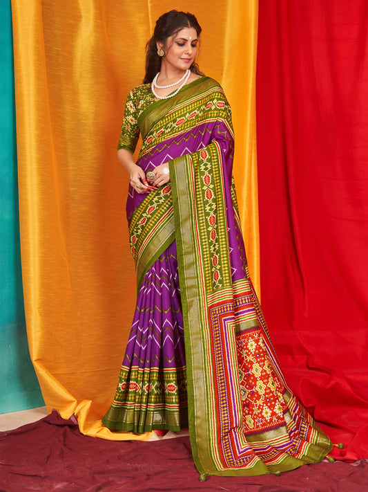 Women's Tussar Silk Olive Printed Designer Saree With Blouse Piece