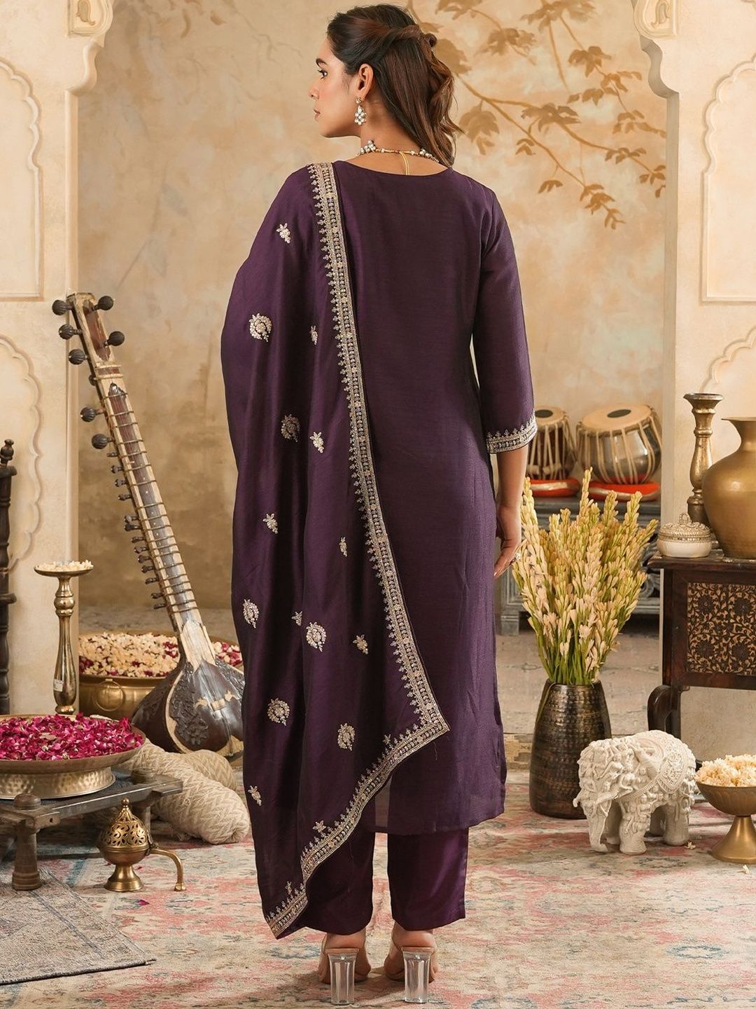 Women Ethnic Motifs Embroidered Regular Thread Work Kurta with Trousers & With Dupatta