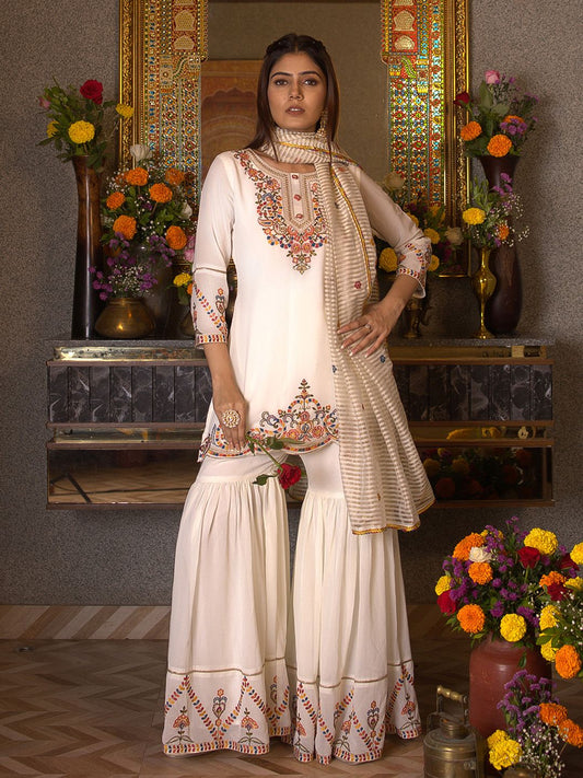 Dhiyona CH Georgette Embroidered Kurta Set with Sharara and Dupatta