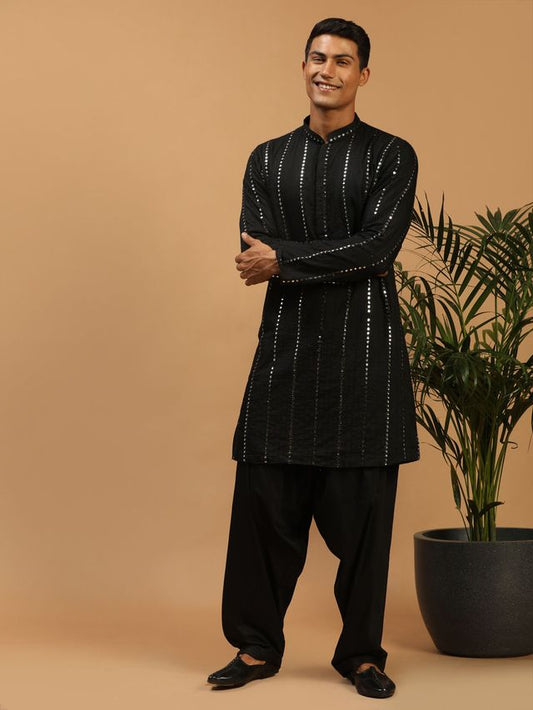 Men's Black Viscose Straight Kurta and Patiala Set