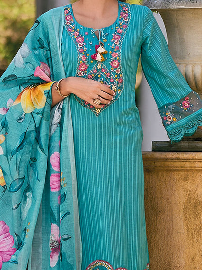 Floral Embroidered Regular Thread Work Pure Cotton Kurta with Trousers & Dupatta
