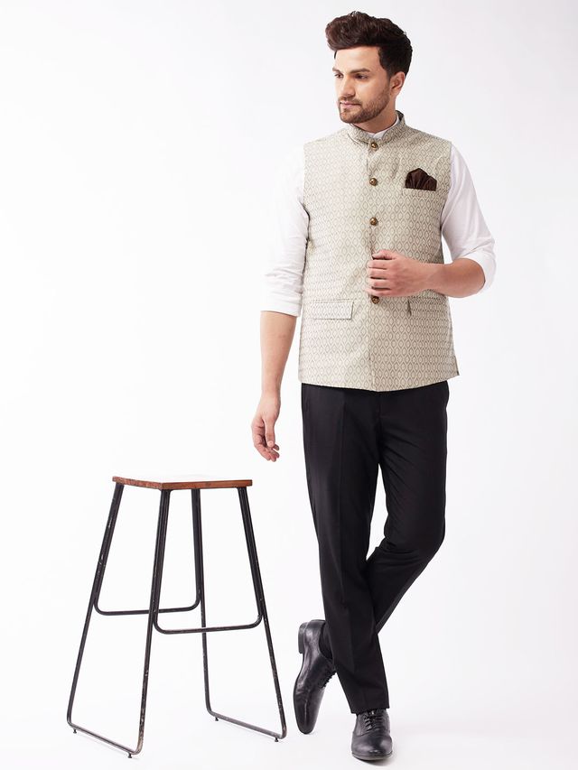 Men's Beige Silk Blend Straight Nehru Jacket