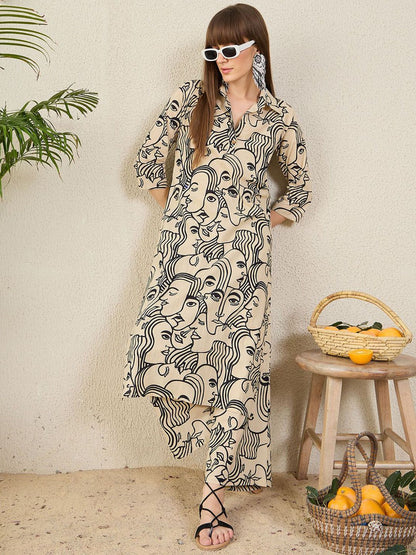 Dhiyona IE Printed Shirt Collar Pure Cotton Tunic With Trouser