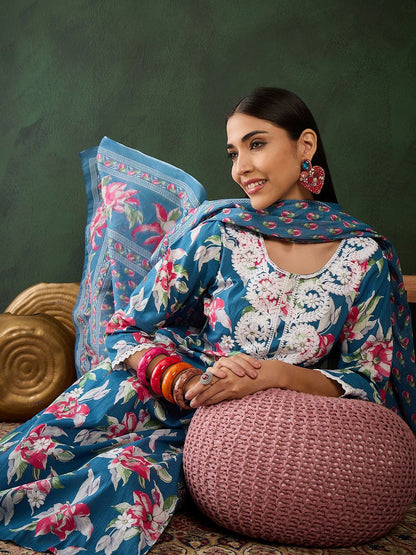 Dhiyona SN Women's Floral Embroidered Pure Cotton Straight Kurta With Trouser & Dupatta