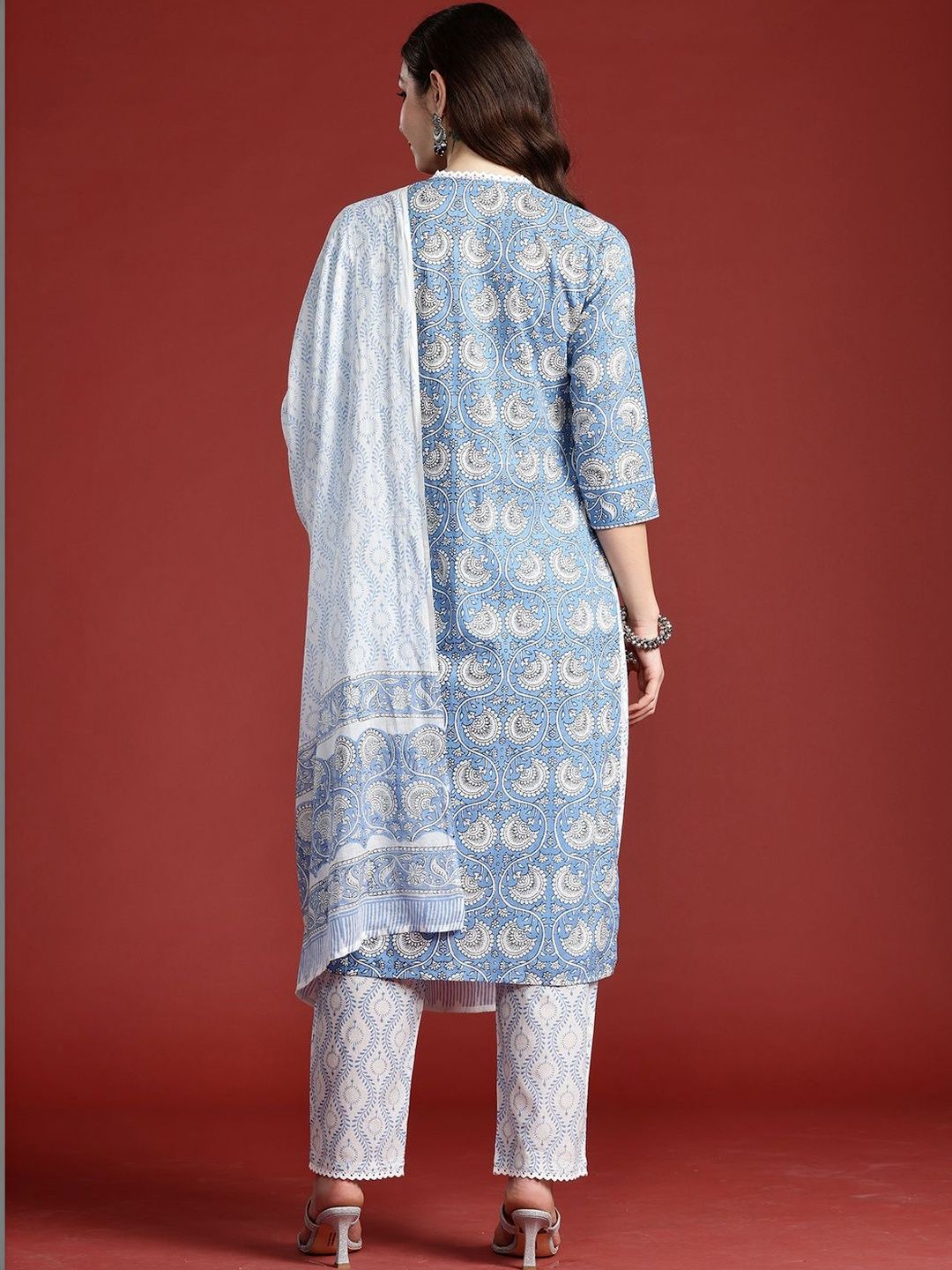 Women Ethnic Motifs Printed Regular Thread Work Pure Cotton Kurta with Trousers & With Dupatta