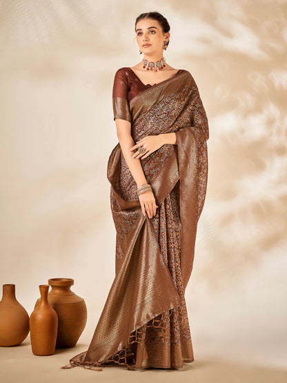 Women's Cotton Silk Brown Woven Design Designer Saree With Blouse Piece