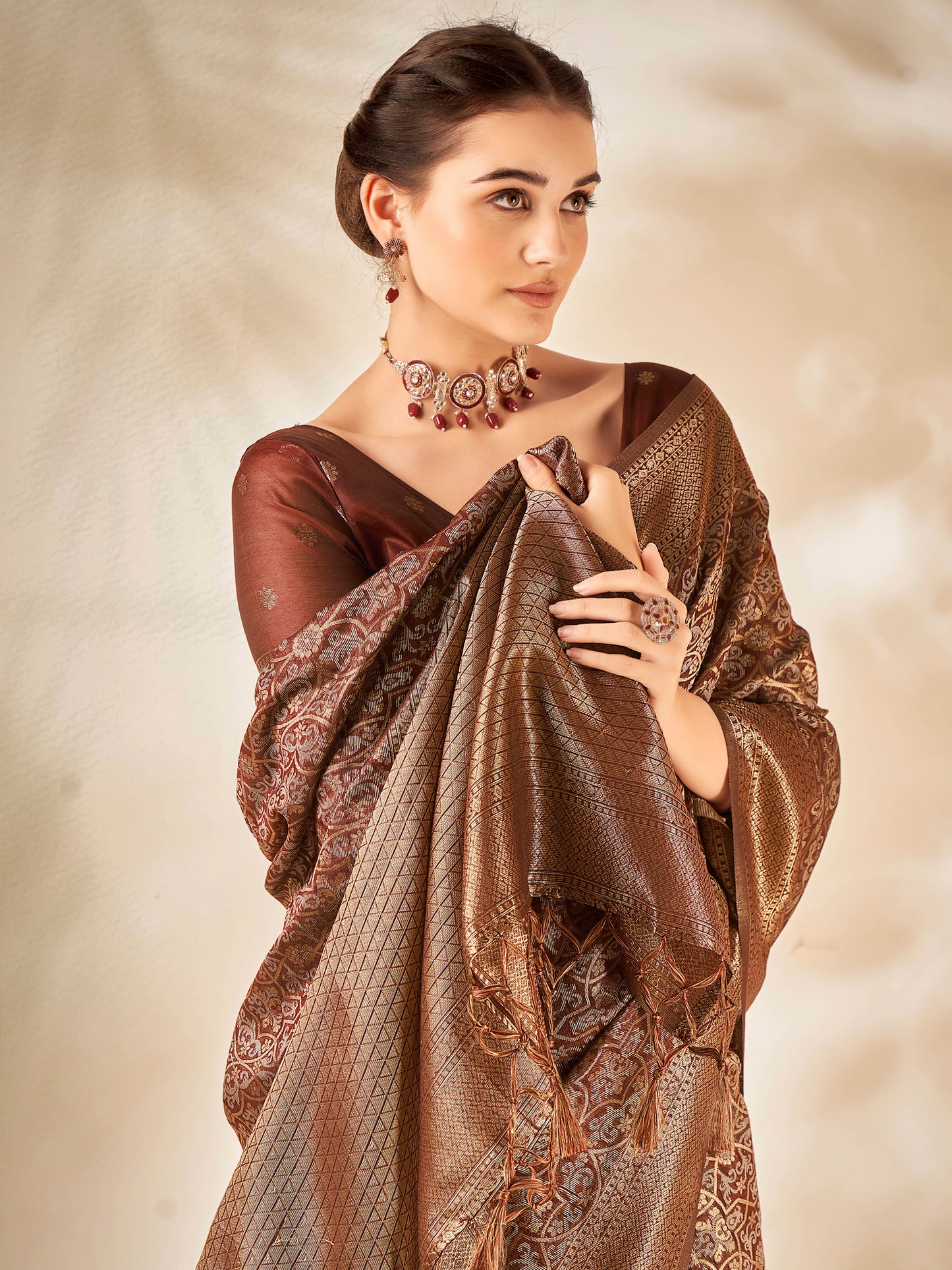 Women's Cotton Silk Brown Woven Design Designer Saree With Blouse Piece