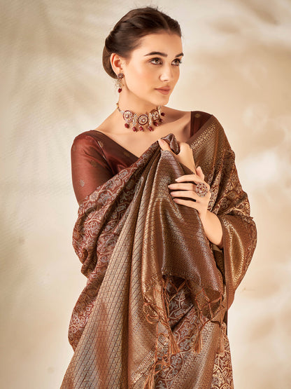 Women's Cotton Silk Brown Woven Design Designer Saree With Blouse Piece