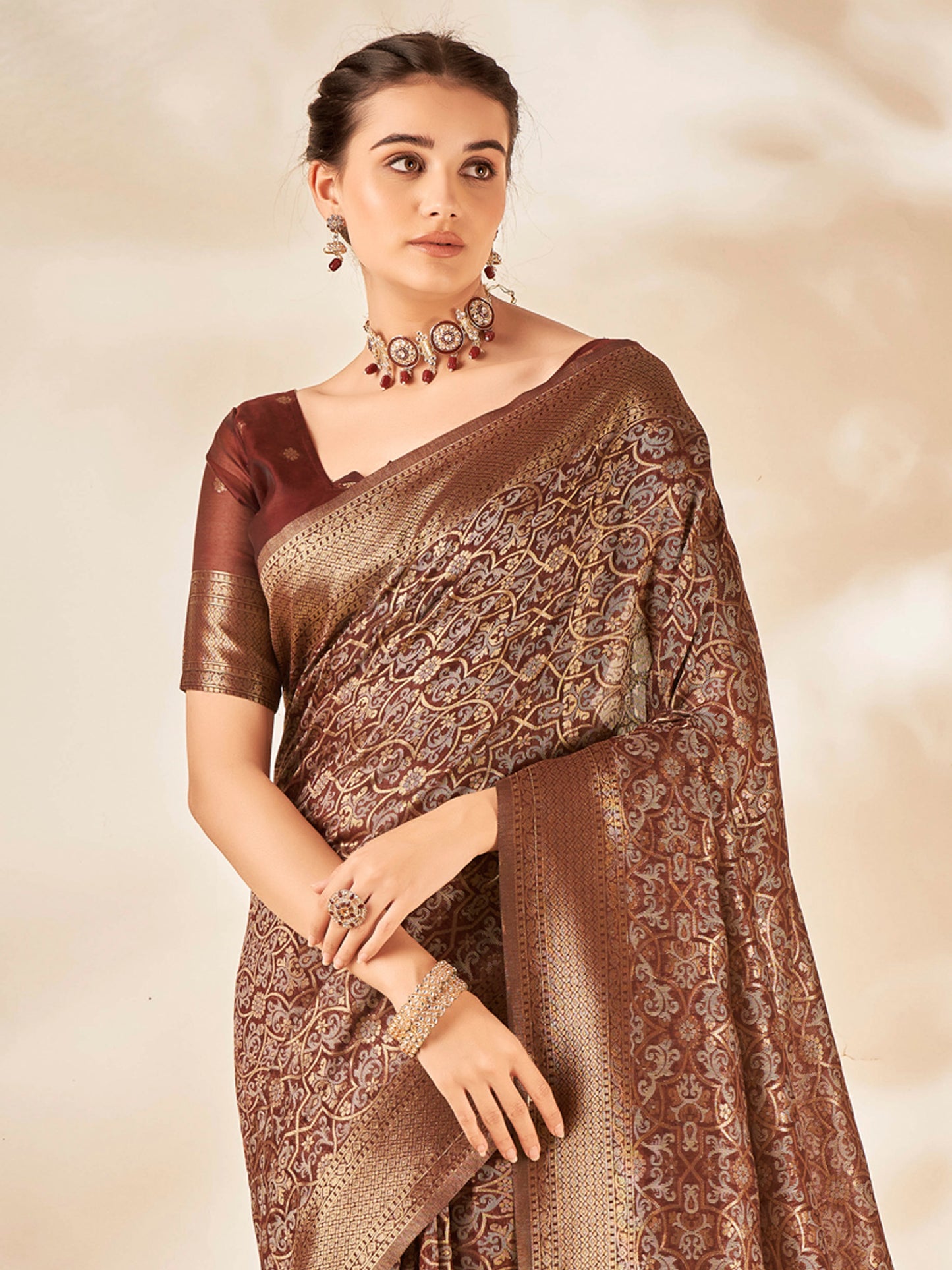 Women's Cotton Silk Brown Woven Design Designer Saree With Blouse Piece