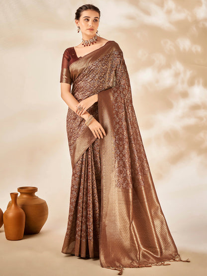 Women's Cotton Silk Brown Woven Design Designer Saree With Blouse Piece