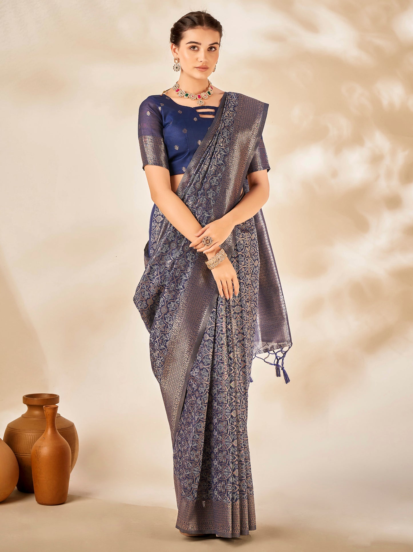 Women's Cotton Silk Navy Blue Woven Design Designer Saree With Blouse Piece