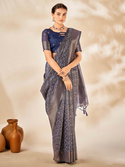 Women's Cotton Silk Navy Blue Woven Design Designer Saree With Blouse Piece
