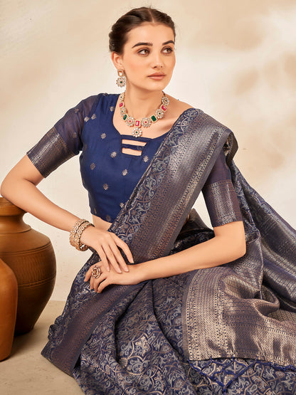 Women's Cotton Silk Navy Blue Woven Design Designer Saree With Blouse Piece