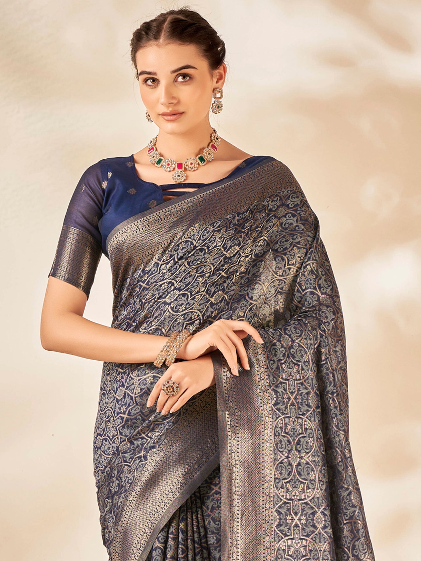 Women's Cotton Silk Navy Blue Woven Design Designer Saree With Blouse Piece
