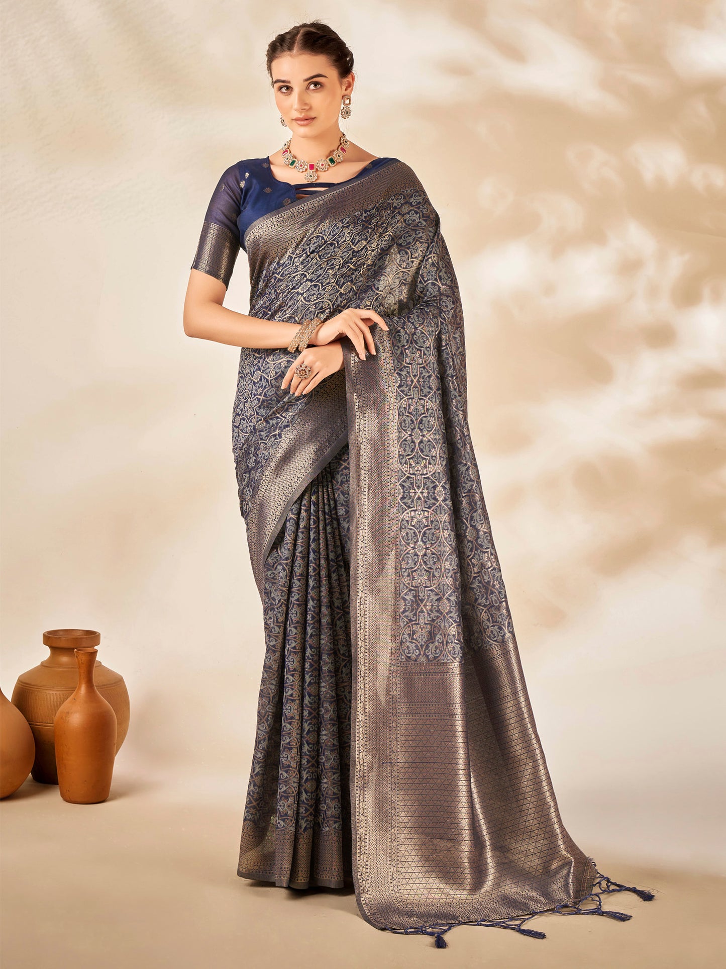 Women's Cotton Silk Navy Blue Woven Design Designer Saree With Blouse Piece