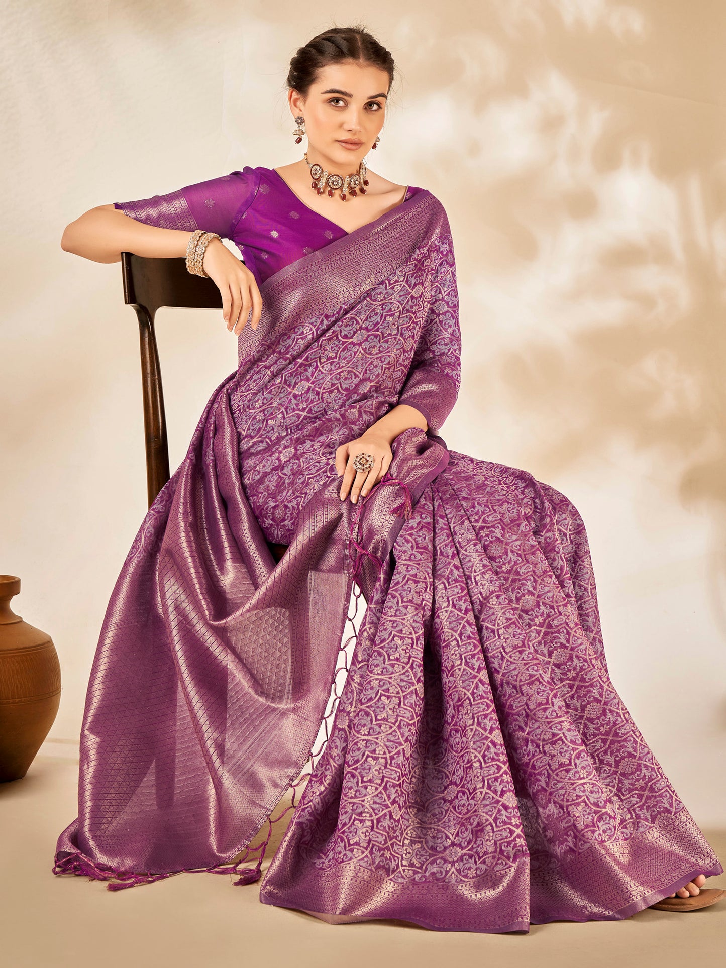 Women's Cotton Silk Magenta Woven Design Designer Saree With Blouse Piece