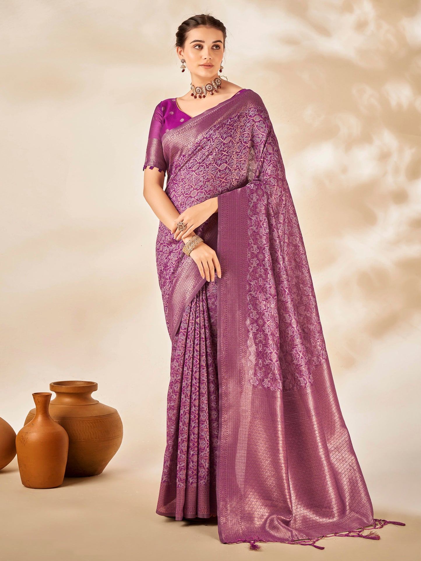 Women's Cotton Silk Magenta Woven Design Designer Saree With Blouse Piece