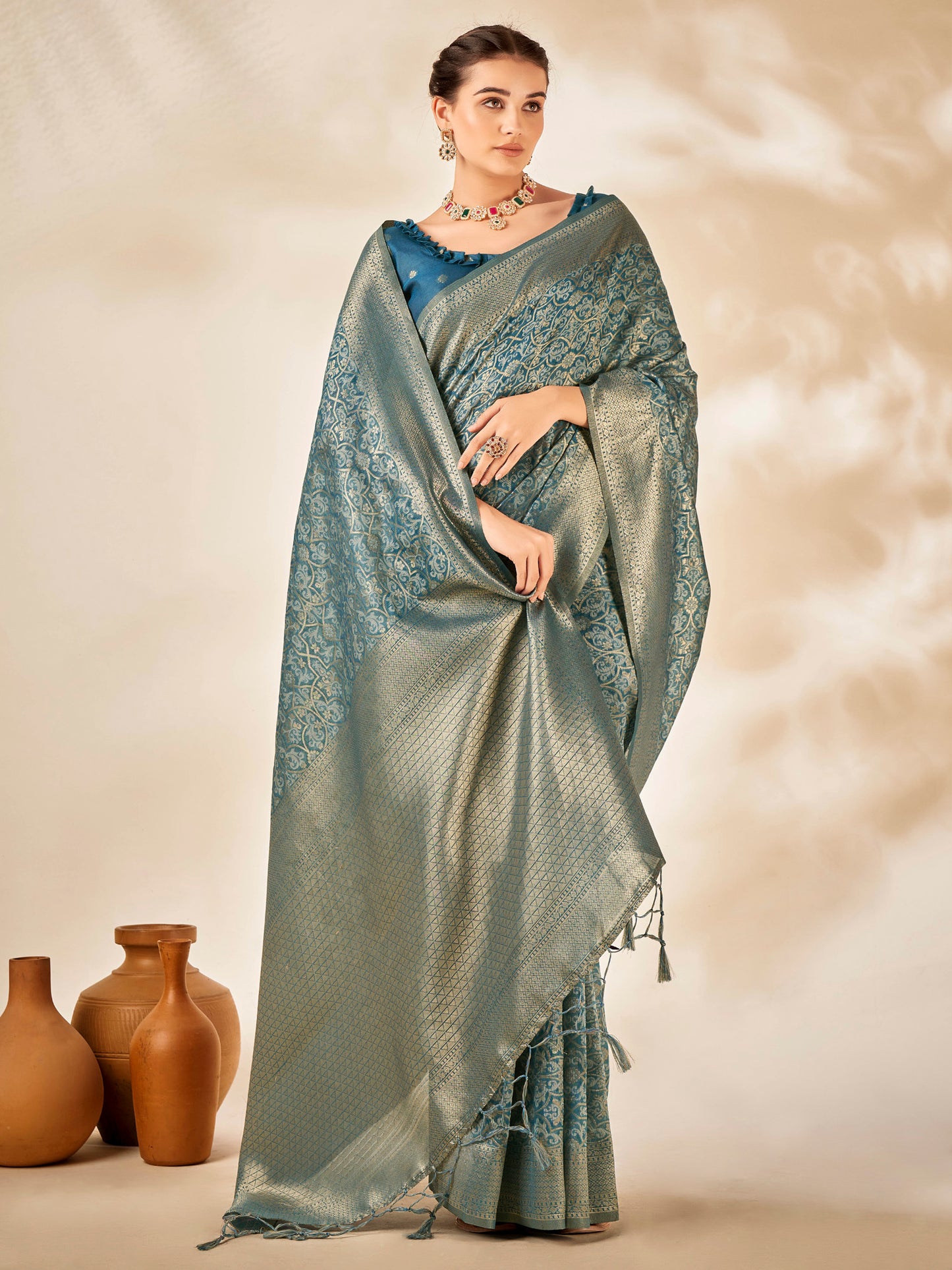 Women's Cotton Silk Teal blue Woven Design Designer Saree With Blouse Piece