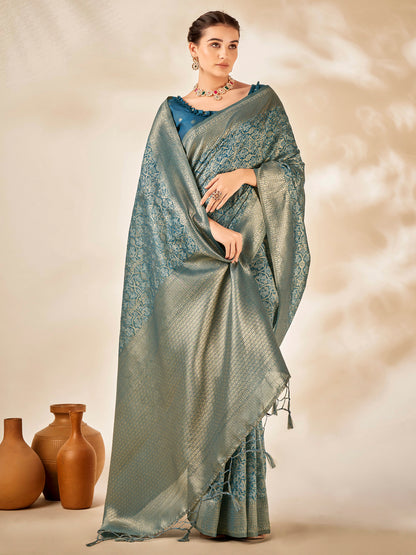 Women's Cotton Silk Teal blue Woven Design Designer Saree With Blouse Piece
