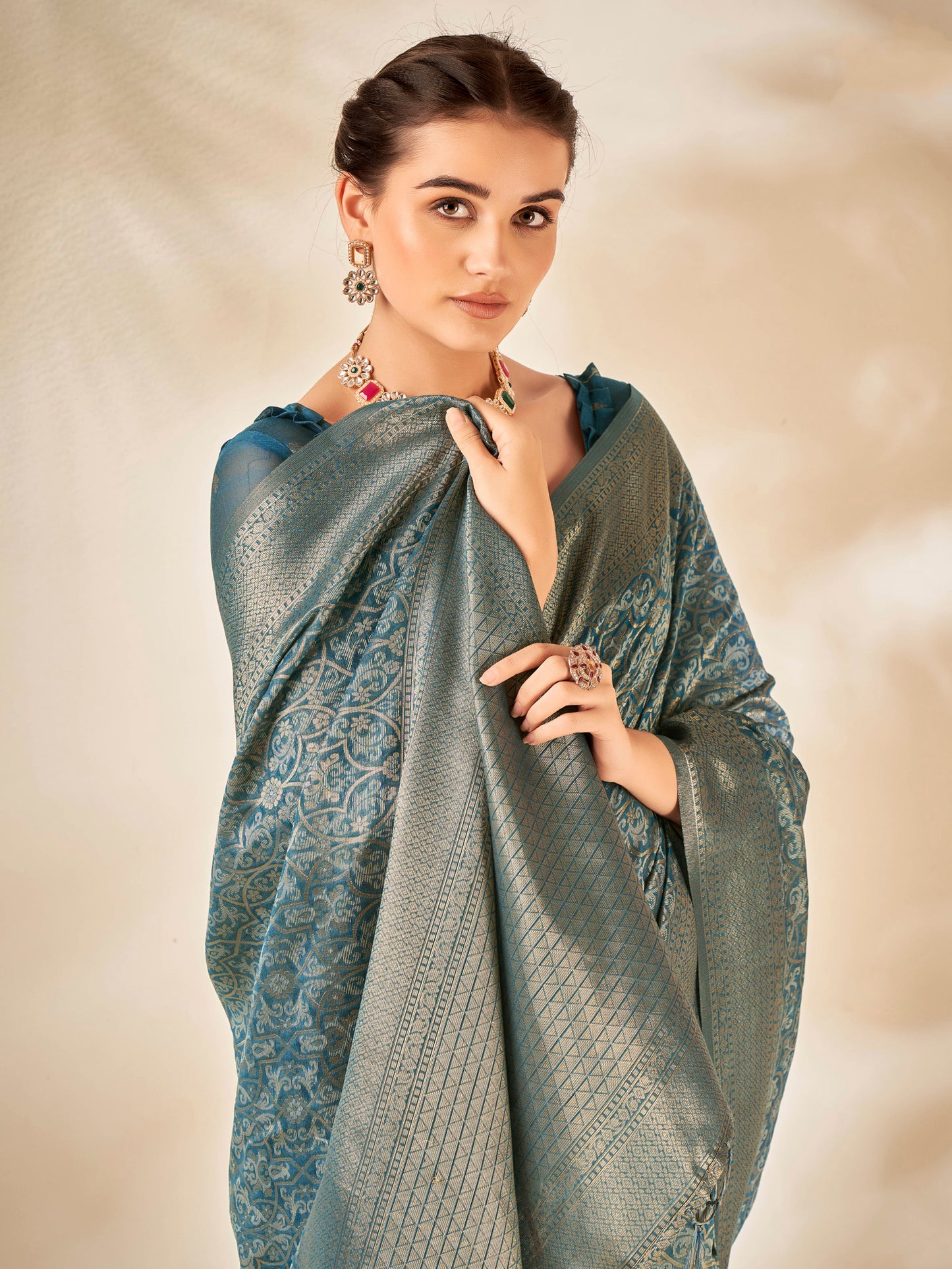Women's Cotton Silk Teal blue Woven Design Designer Saree With Blouse Piece