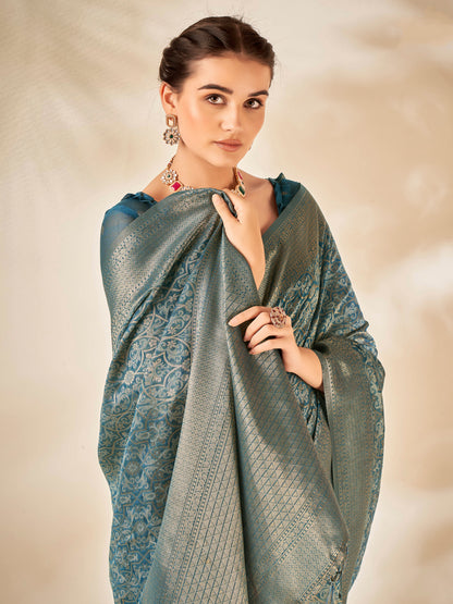 Women's Cotton Silk Teal blue Woven Design Designer Saree With Blouse Piece