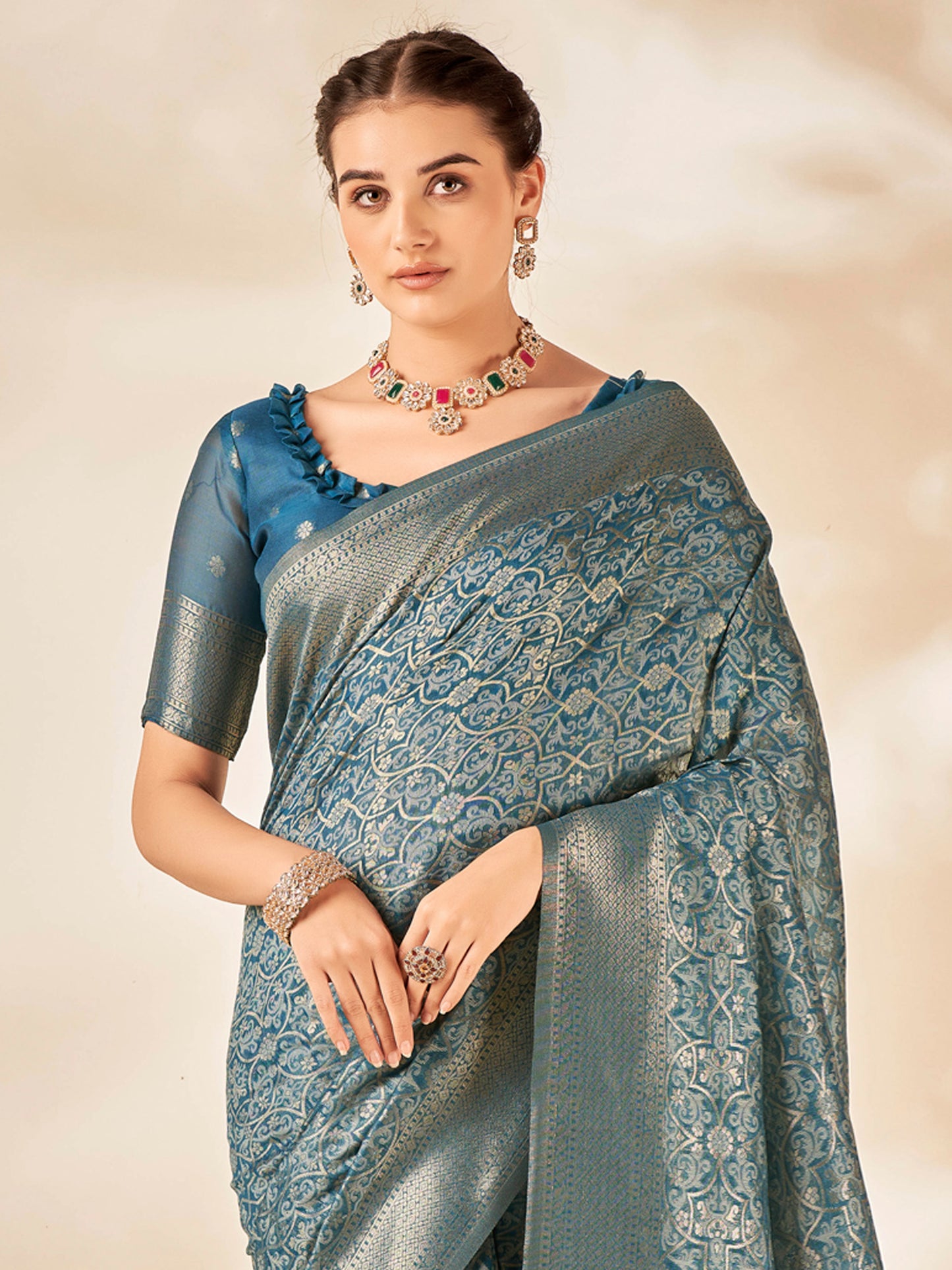Women's Cotton Silk Teal blue Woven Design Designer Saree With Blouse Piece