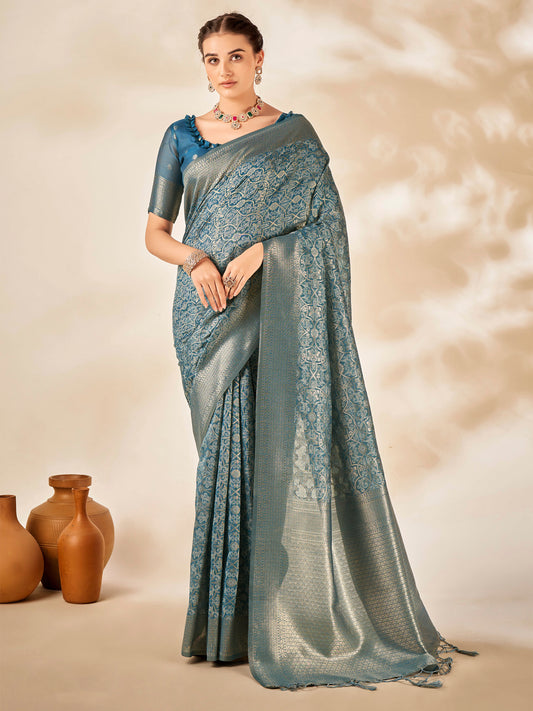 Women's Cotton Silk Teal blue Woven Design Designer Saree With Blouse Piece