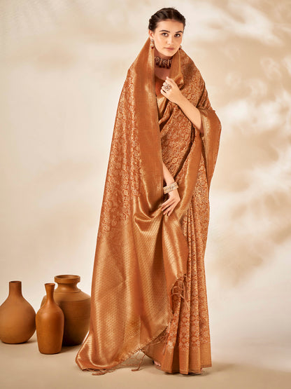 Women's Cotton Silk Camel Brown Woven Design Designer Saree With Blouse Piece
