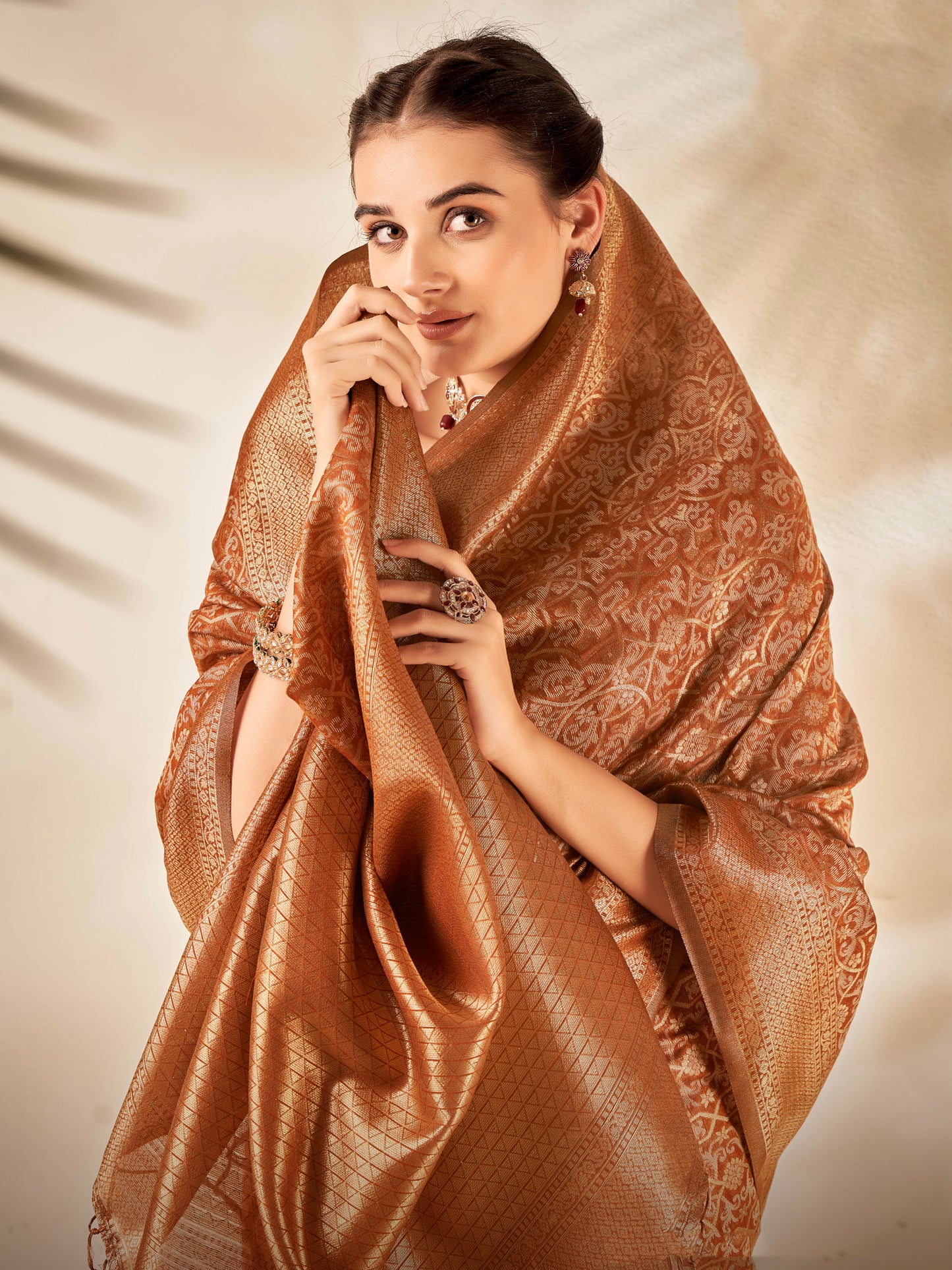 Women's Cotton Silk Camel Brown Woven Design Designer Saree With Blouse Piece