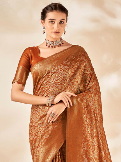 Women's Cotton Silk Camel Brown Woven Design Designer Saree With Blouse Piece
