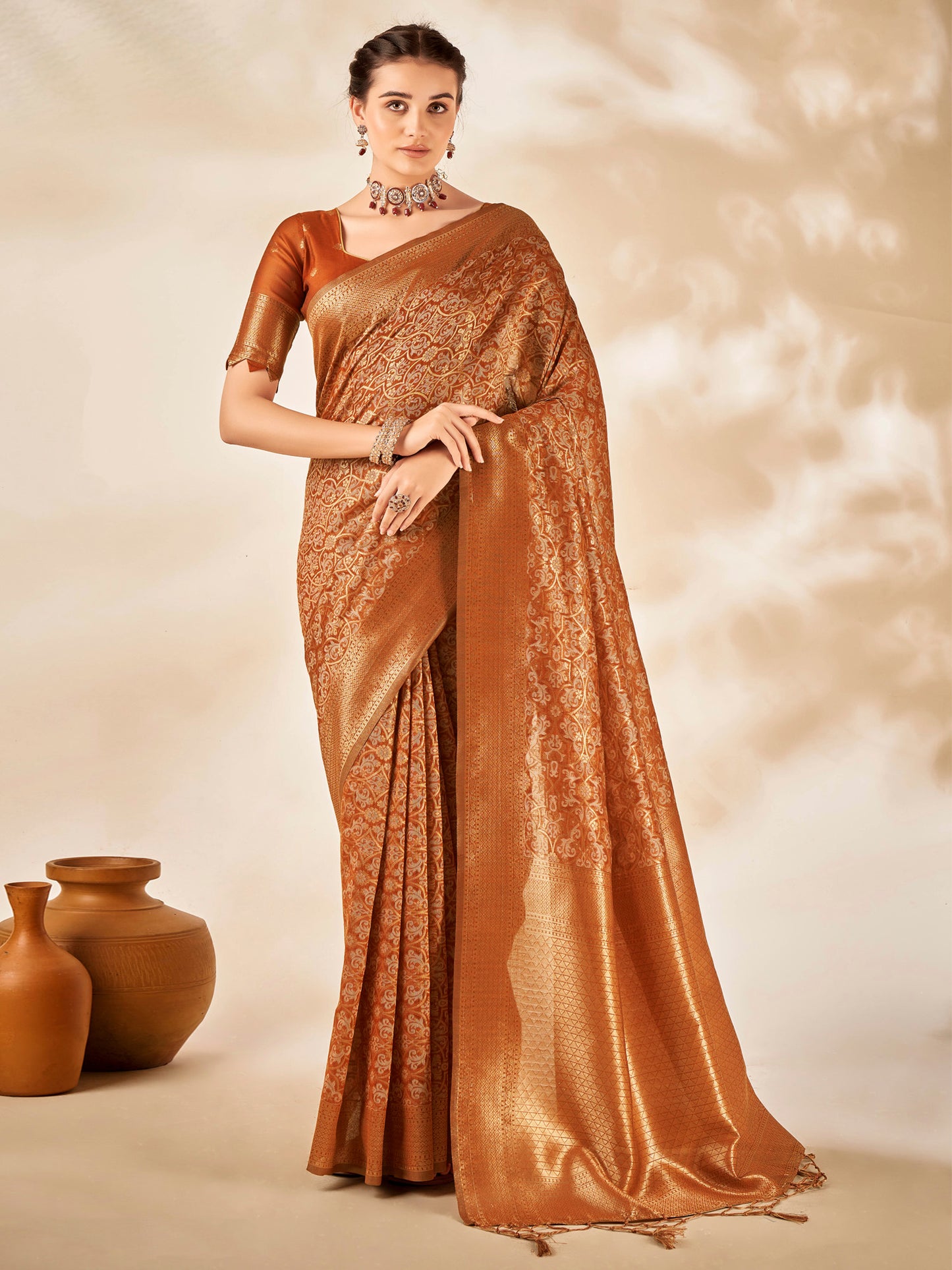 Women's Cotton Silk Camel Brown Woven Design Designer Saree With Blouse Piece