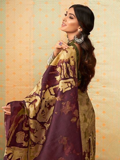 Women's Tussar Silk Beige Printed Designer Saree With Blouse Piece