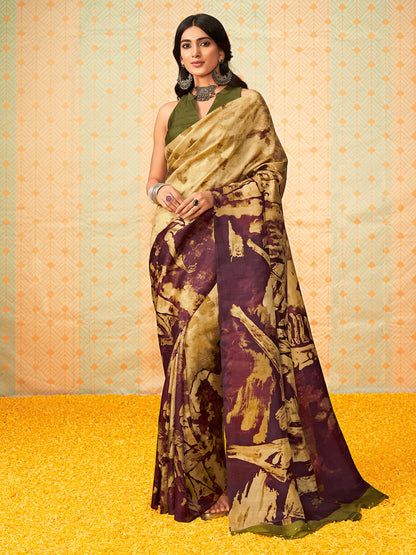 Women's Tussar Silk Beige Printed Designer Saree With Blouse Piece